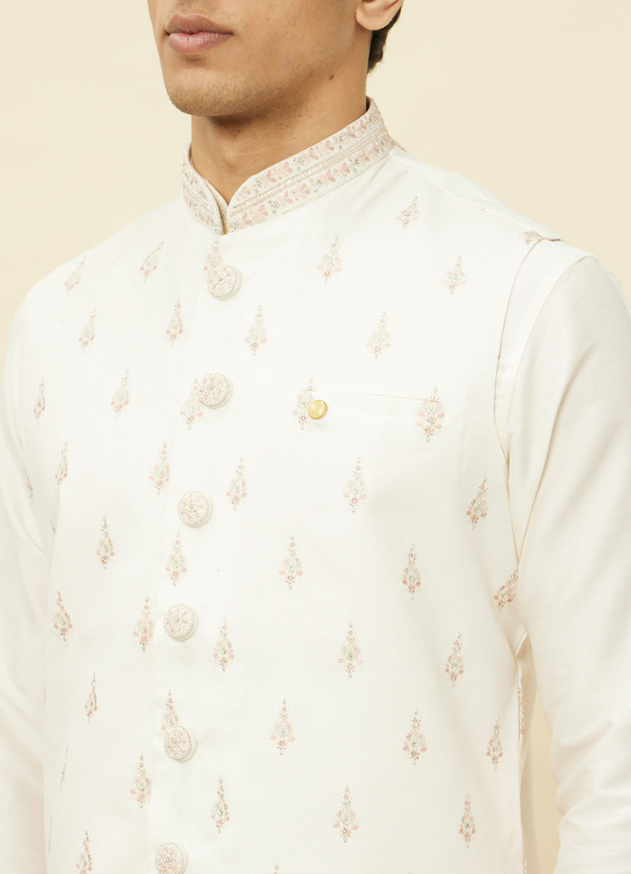 Manyavar Men Cream White Buta Patterned Jacket