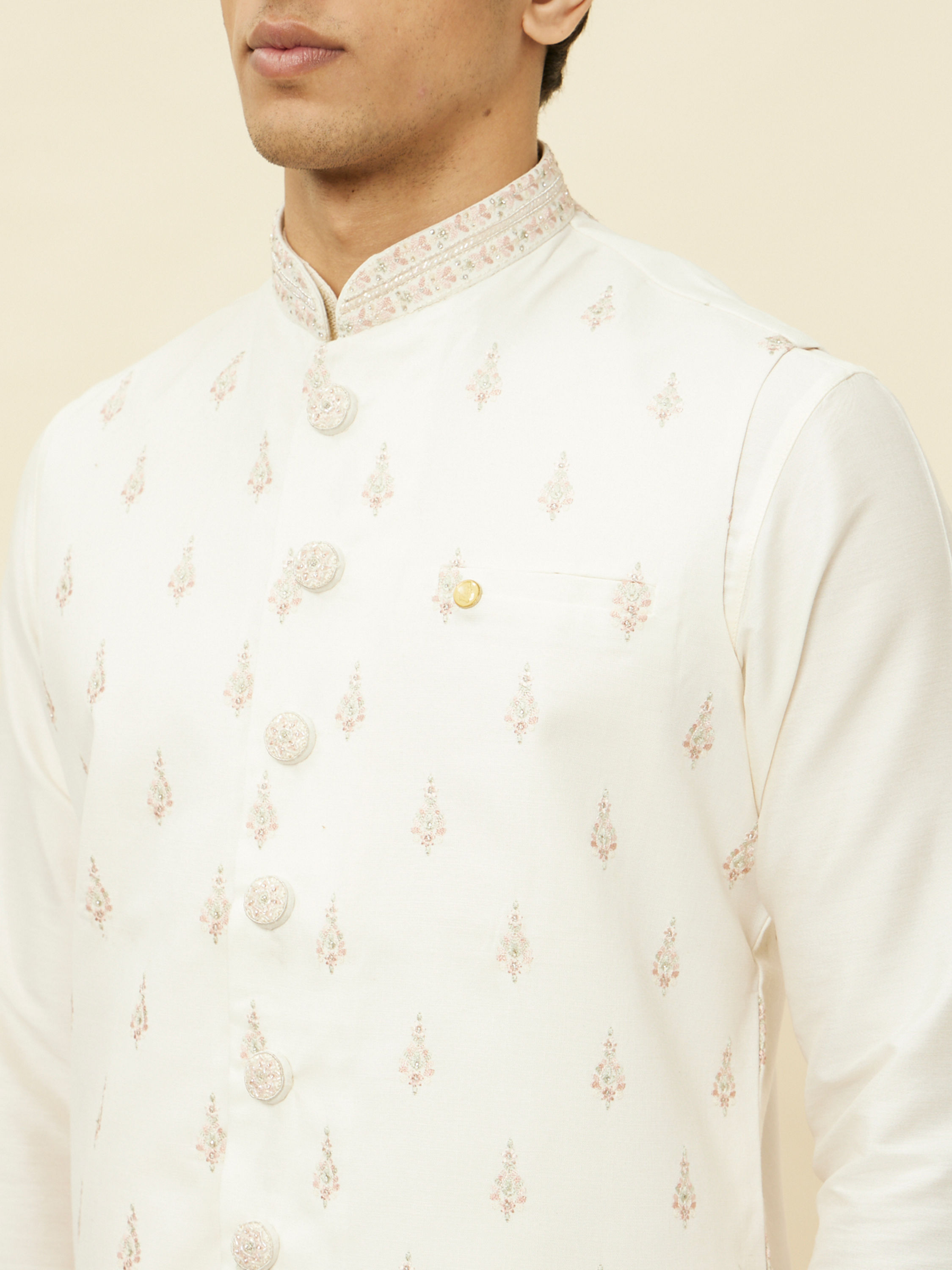 Manyavar Men Cream White Buta Patterned Jacket