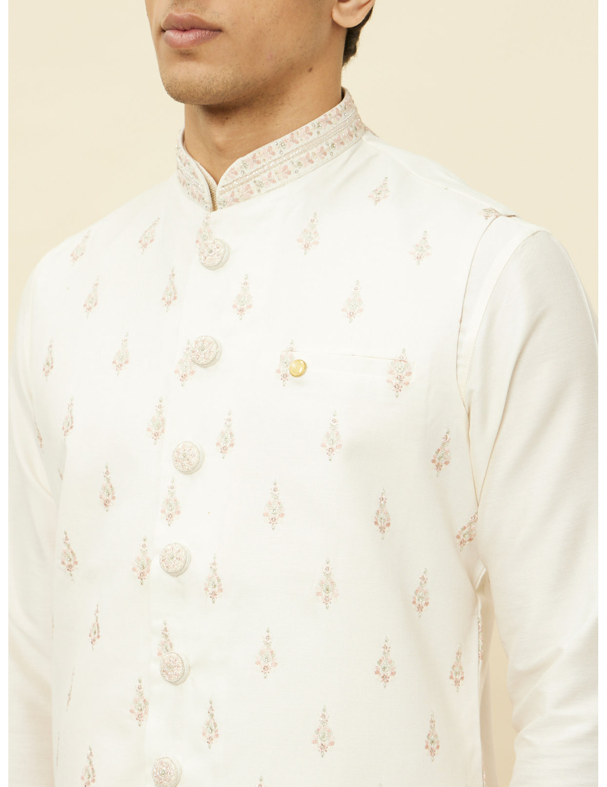 alt message - Manyavar Men Cream White Buta Patterned Jacket image number 1