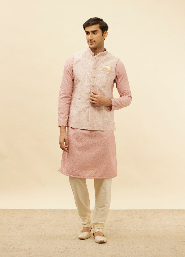 Manyavar Men Dusty Pink Floral Patterned Jacket