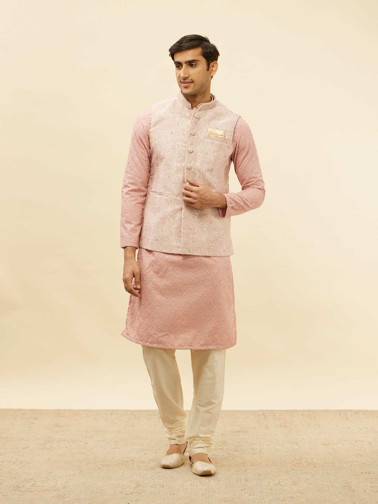 Manyavar Men Dusty Pink Floral Patterned Jacket