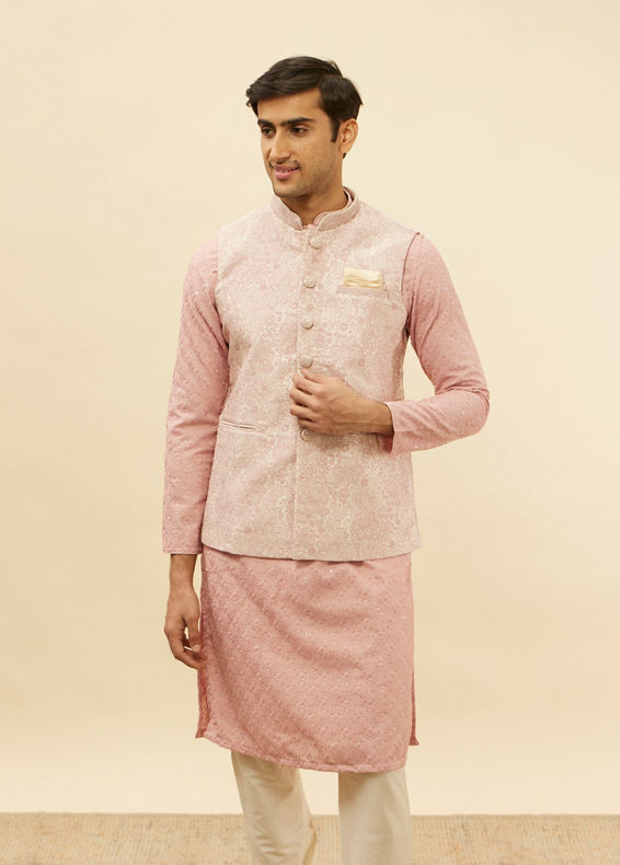 alt message - Manyavar Men Dusty Pink Floral Patterned Jacket