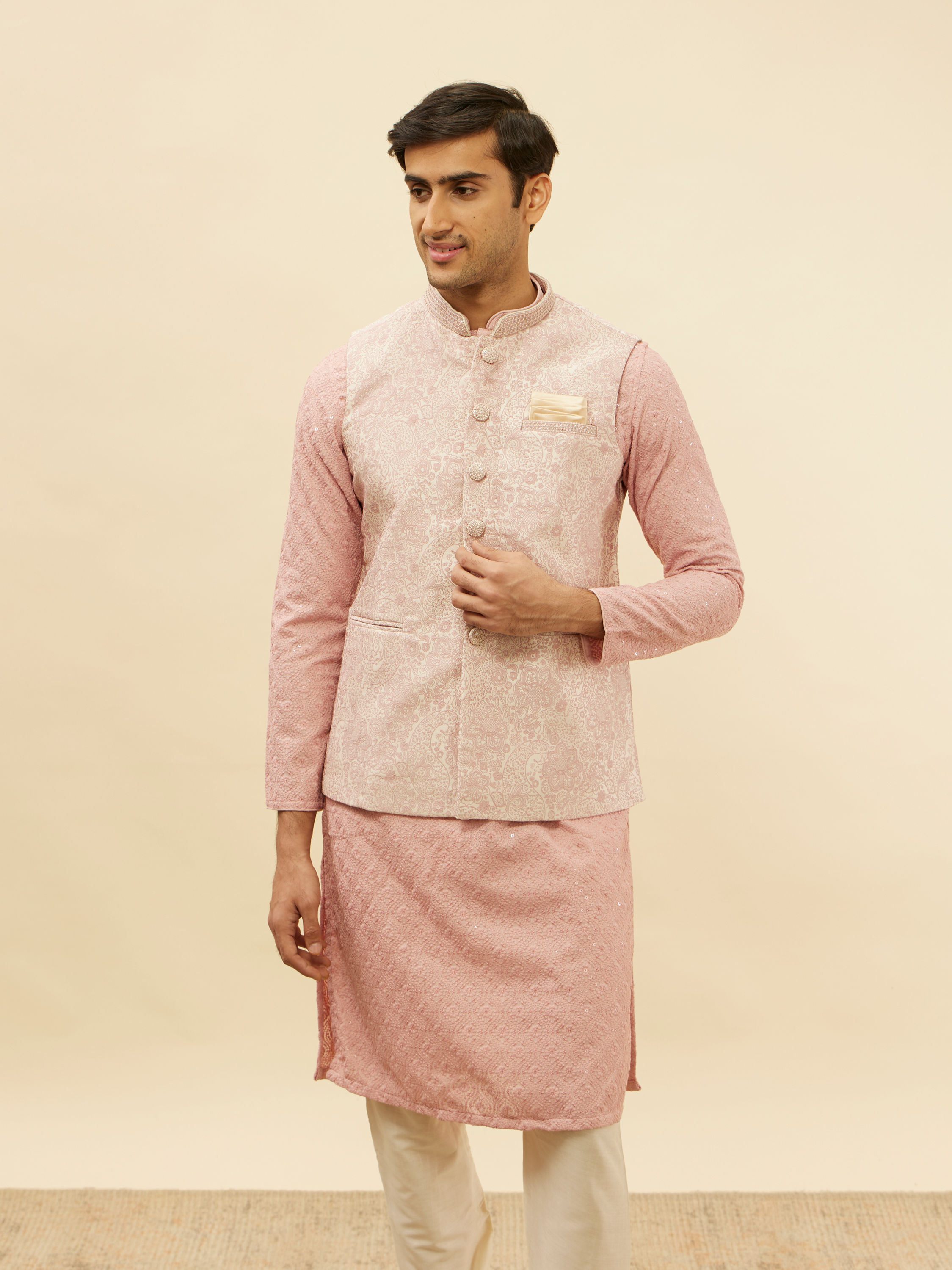 Manyavar Men Dusty Pink Floral Patterned Jacket