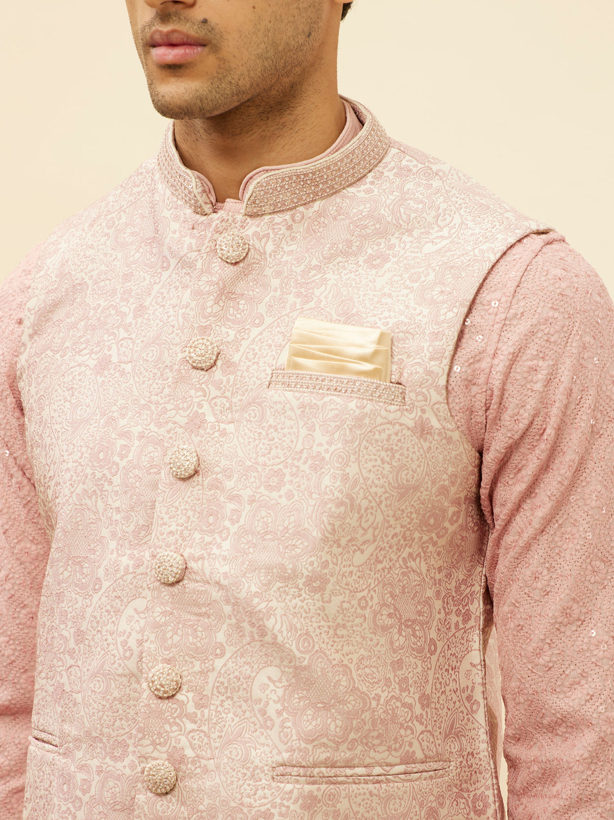 alt message - Manyavar Men Dusty Pink Floral Patterned Jacket image number 1