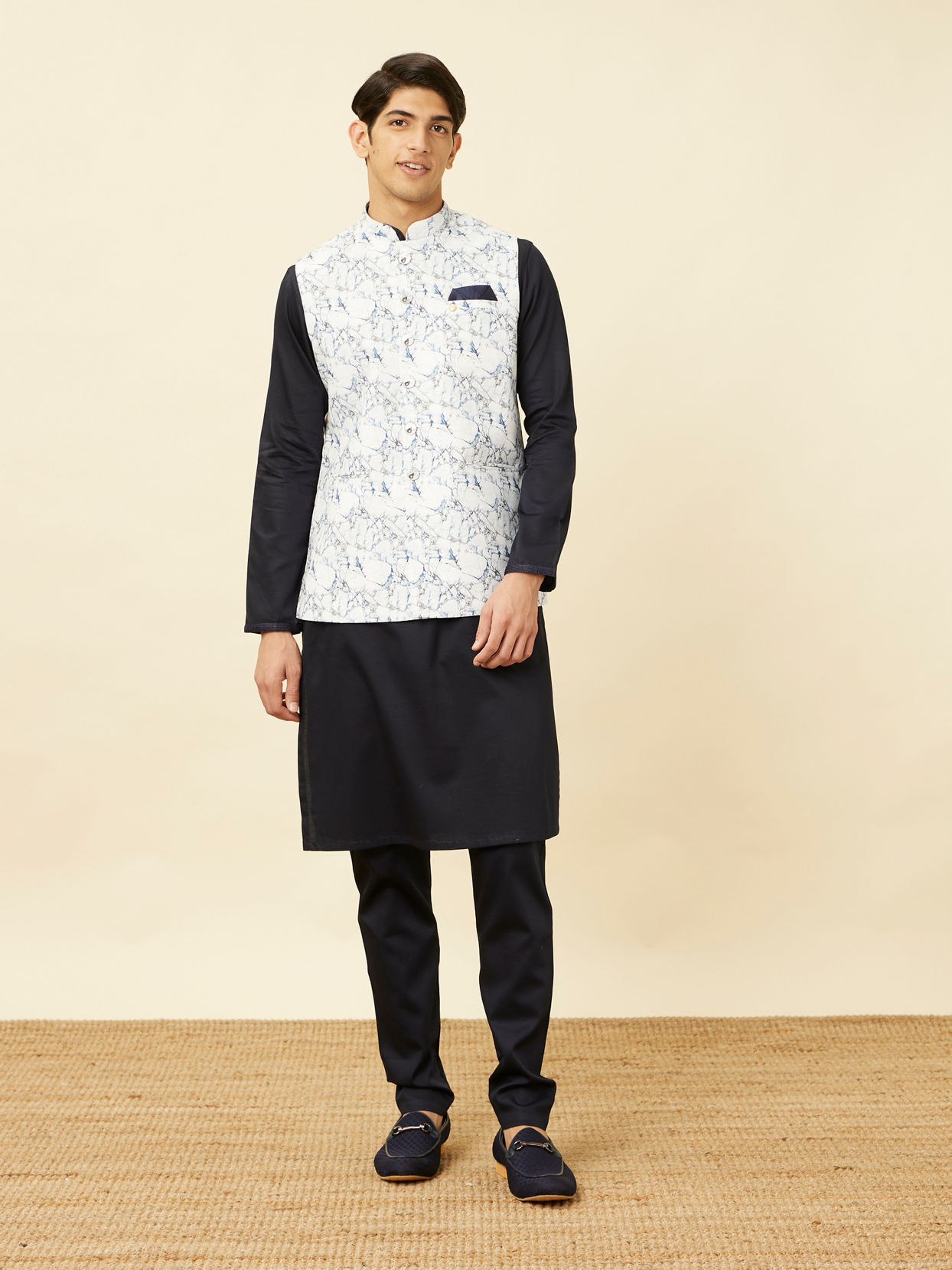 Manyavar Men Winter White Marble Printed Jacket