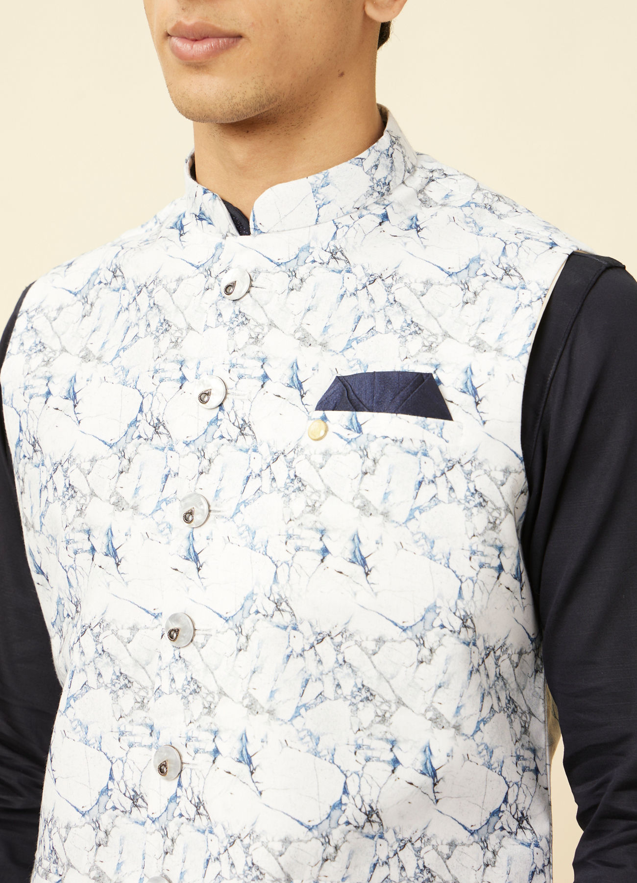 Manyavar Men Winter White Marble Printed Jacket