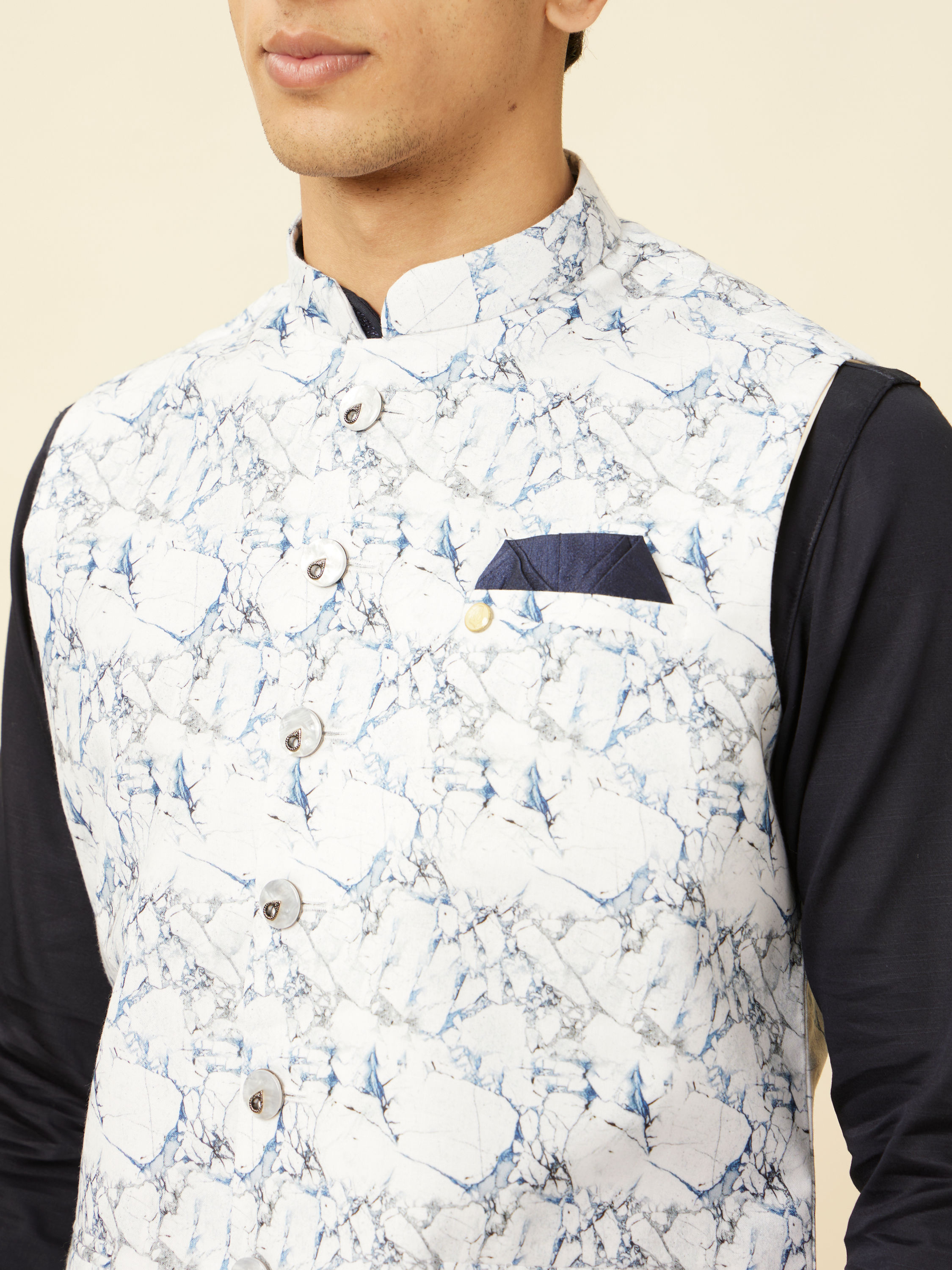 Manyavar Men Winter White Marble Printed Jacket