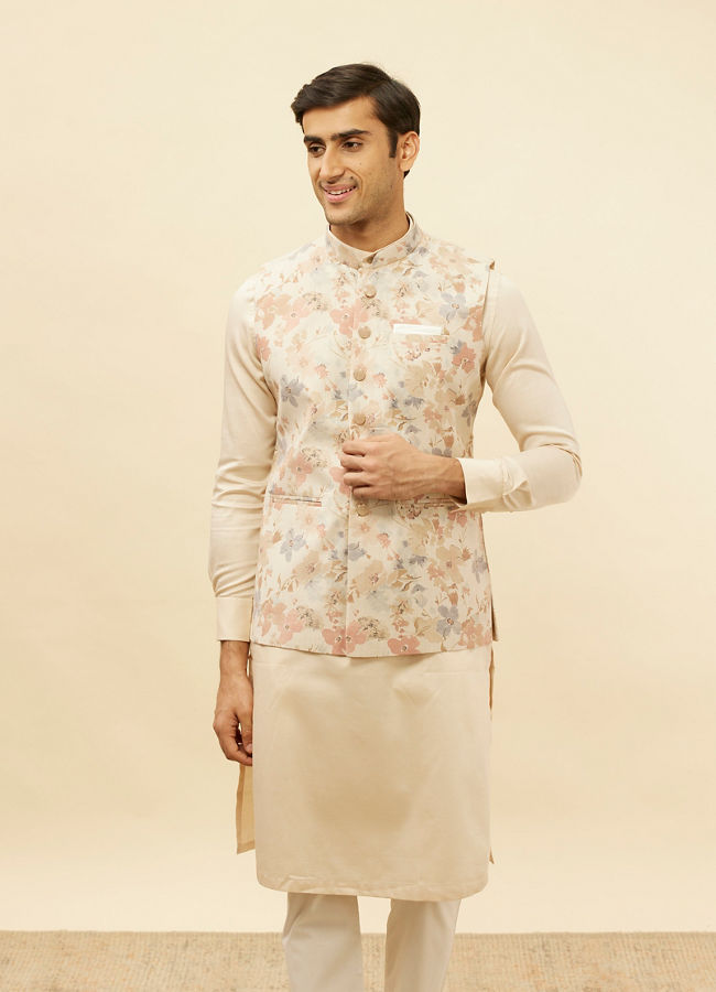 alt message - Manyavar Men Cream Beige Floral Printed Jacket image number 0