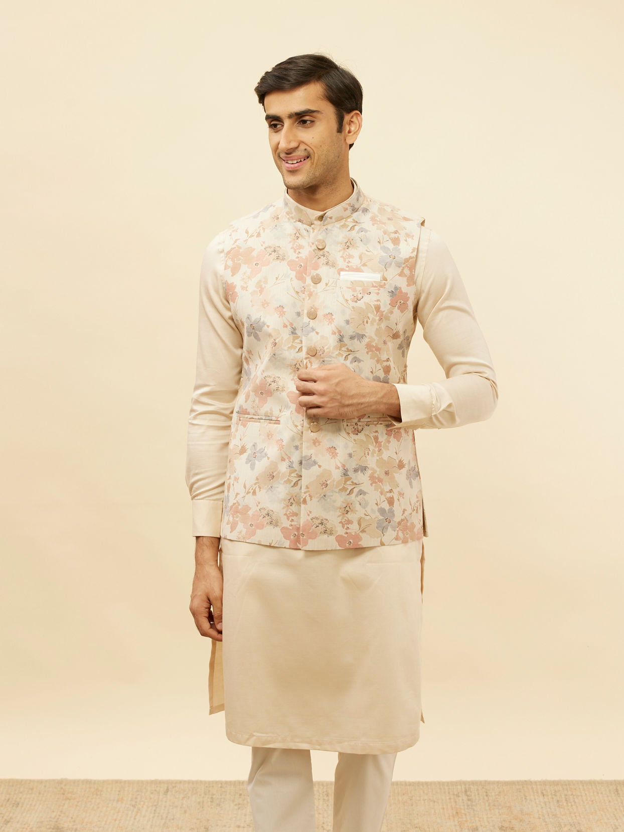 alt message - Manyavar Men Cream Beige Floral Printed Jacket image number 0