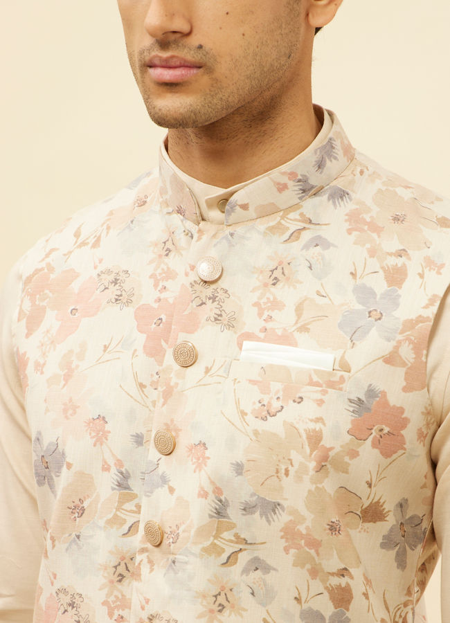 alt message - Manyavar Men Cream Beige Floral Printed Jacket image number 1