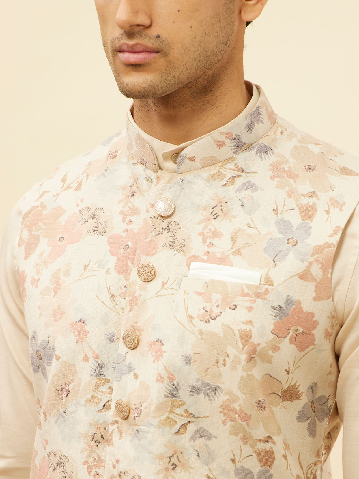 alt message - Manyavar Men Cream Beige Floral Printed Jacket image number 1