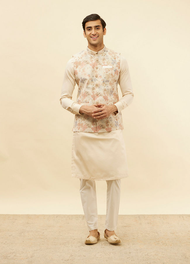 Manyavar Men Cream Beige Floral Printed Jacket