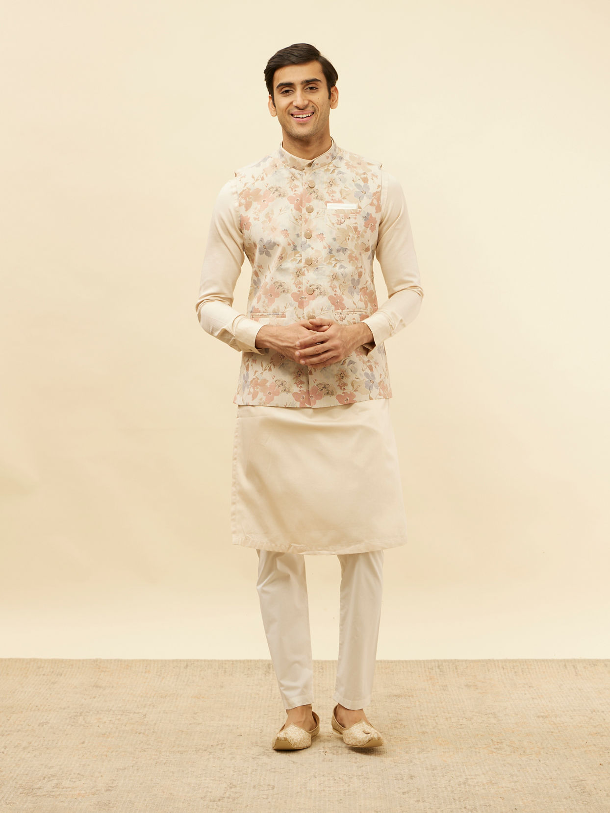 alt message - Manyavar Men Cream Beige Floral Printed Jacket image number 2