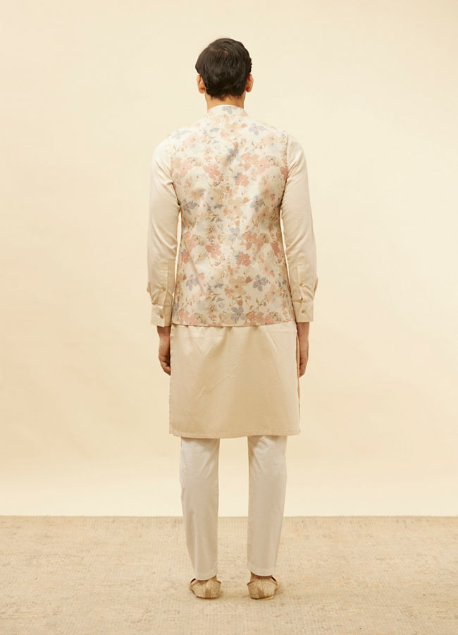 alt message - Manyavar Men Cream Beige Floral Printed Jacket image number 3