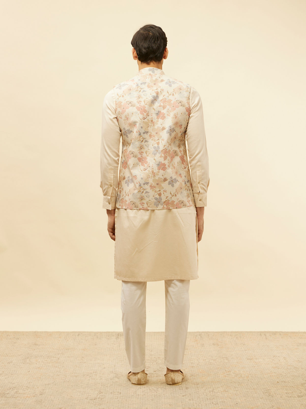 Manyavar Men Cream Beige Floral Printed Jacket
