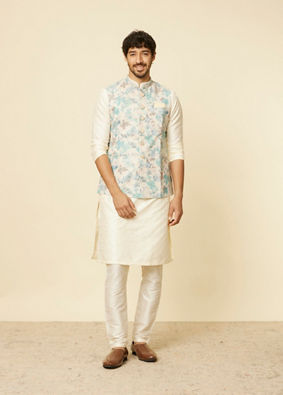 alt message - Manyavar Men Aqua Green Floral Printed Jacket image number 2