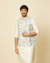 alt message - Manyavar Men Aqua Green Floral Printed Jacket image number 0