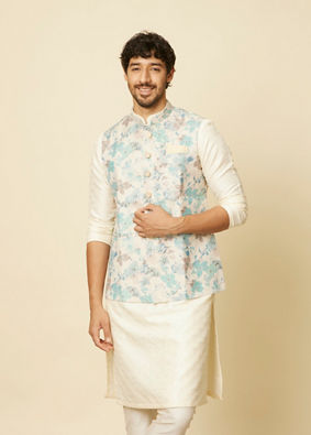 alt message - Manyavar Men Aqua Green Floral Printed Jacket