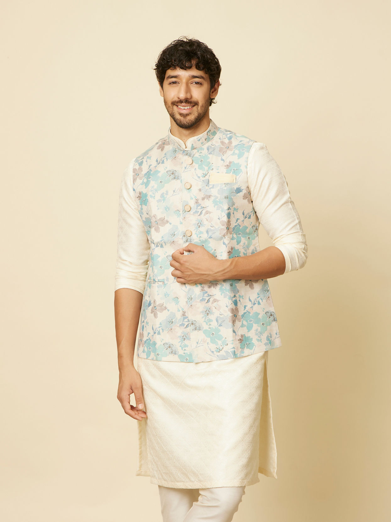 alt message - Manyavar Men Aqua Green Floral Printed Jacket image number 0