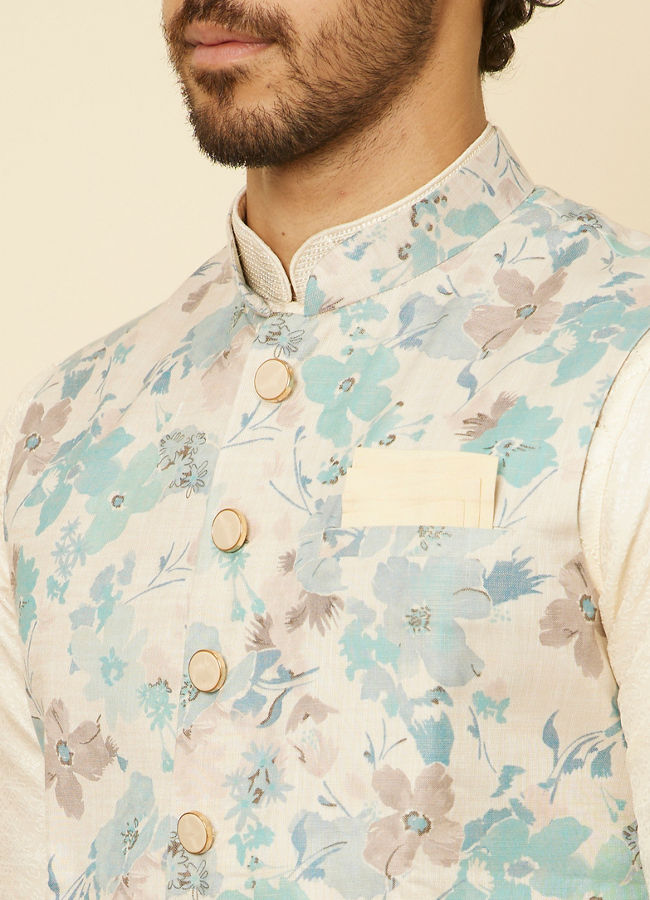 alt message - Manyavar Men Aqua Green Floral Printed Jacket image number 1