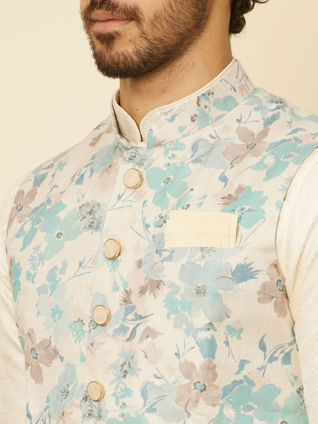 alt message - Manyavar Men Aqua Green Floral Printed Jacket image number 1