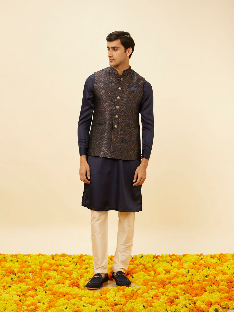 Manyavar Men Navy Blue Imperial Trellis Patterned Jacket