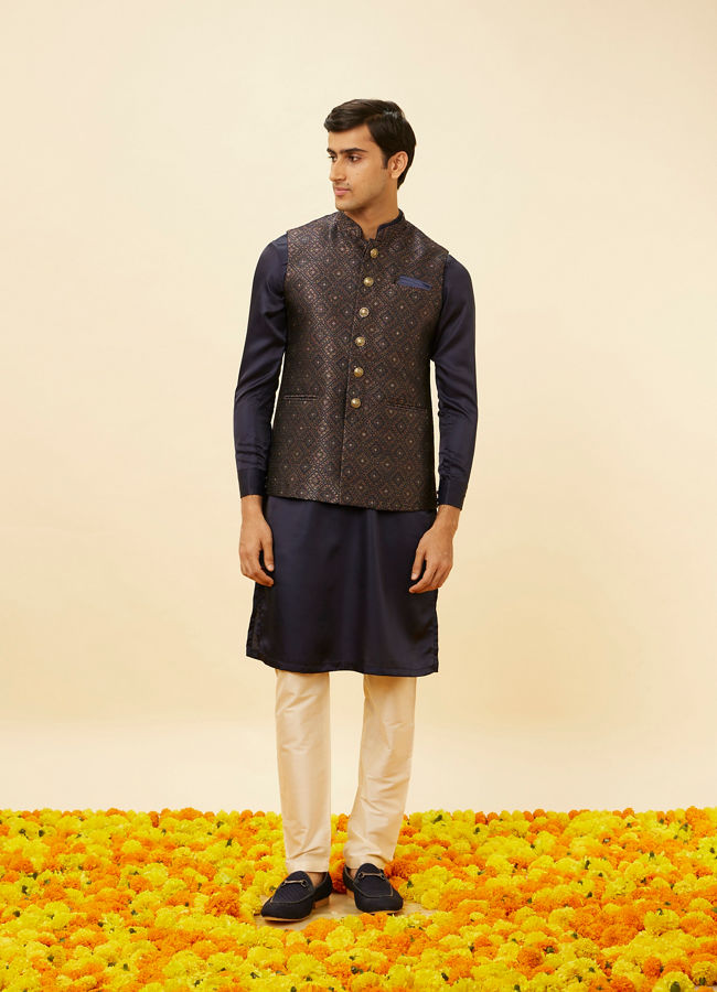 Manyavar Men Navy Blue Imperial Trellis Patterned Jacket