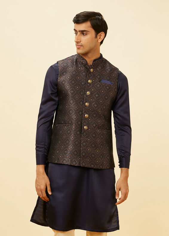 Manyavar Men Navy Blue Imperial Trellis Patterned Jacket