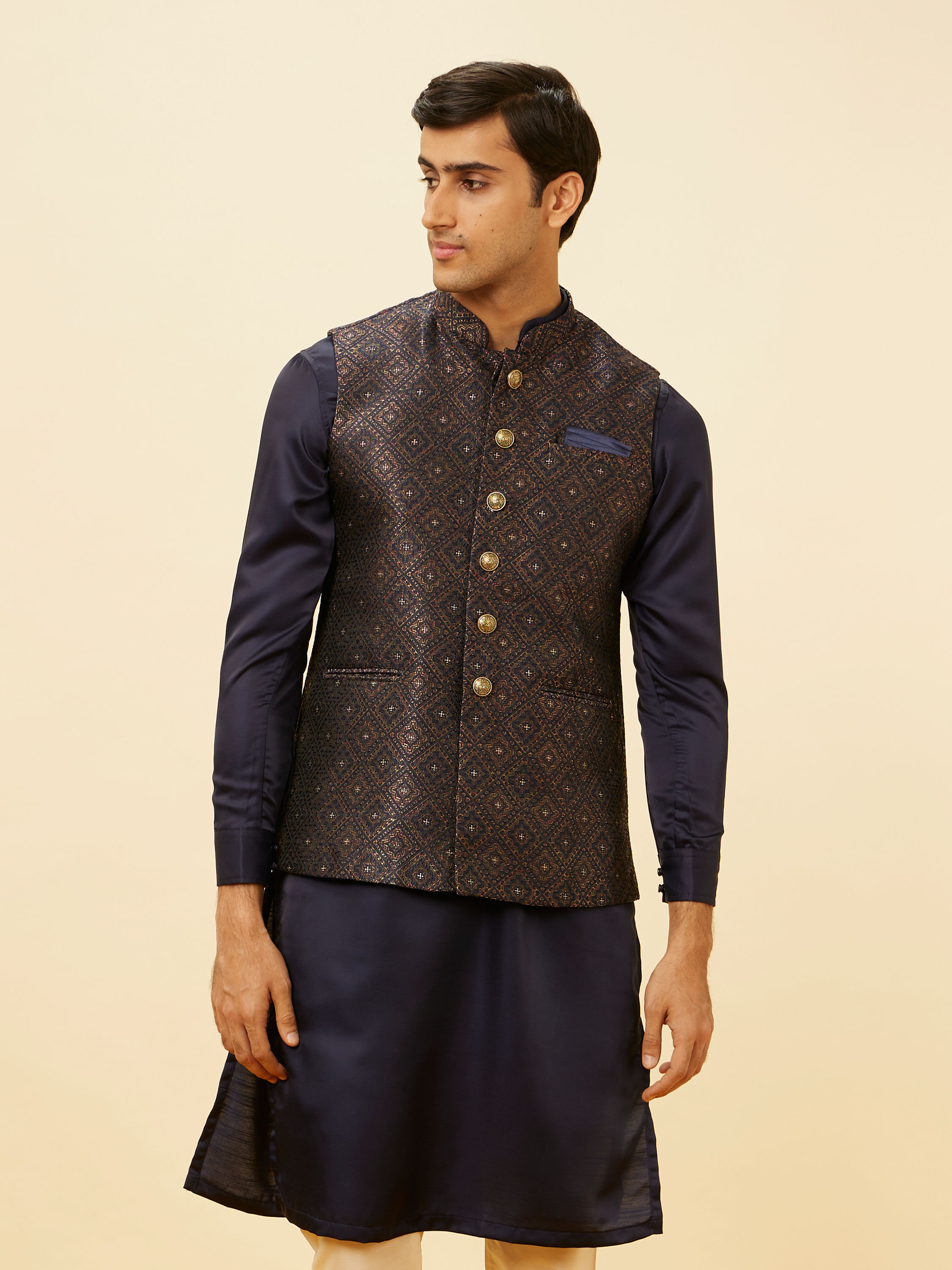 Manyavar Men Navy Blue Imperial Trellis Patterned Jacket