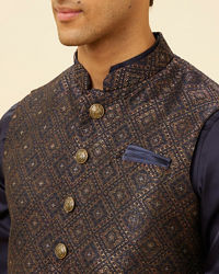 Manyavar Men Navy Blue Imperial Trellis Patterned Jacket