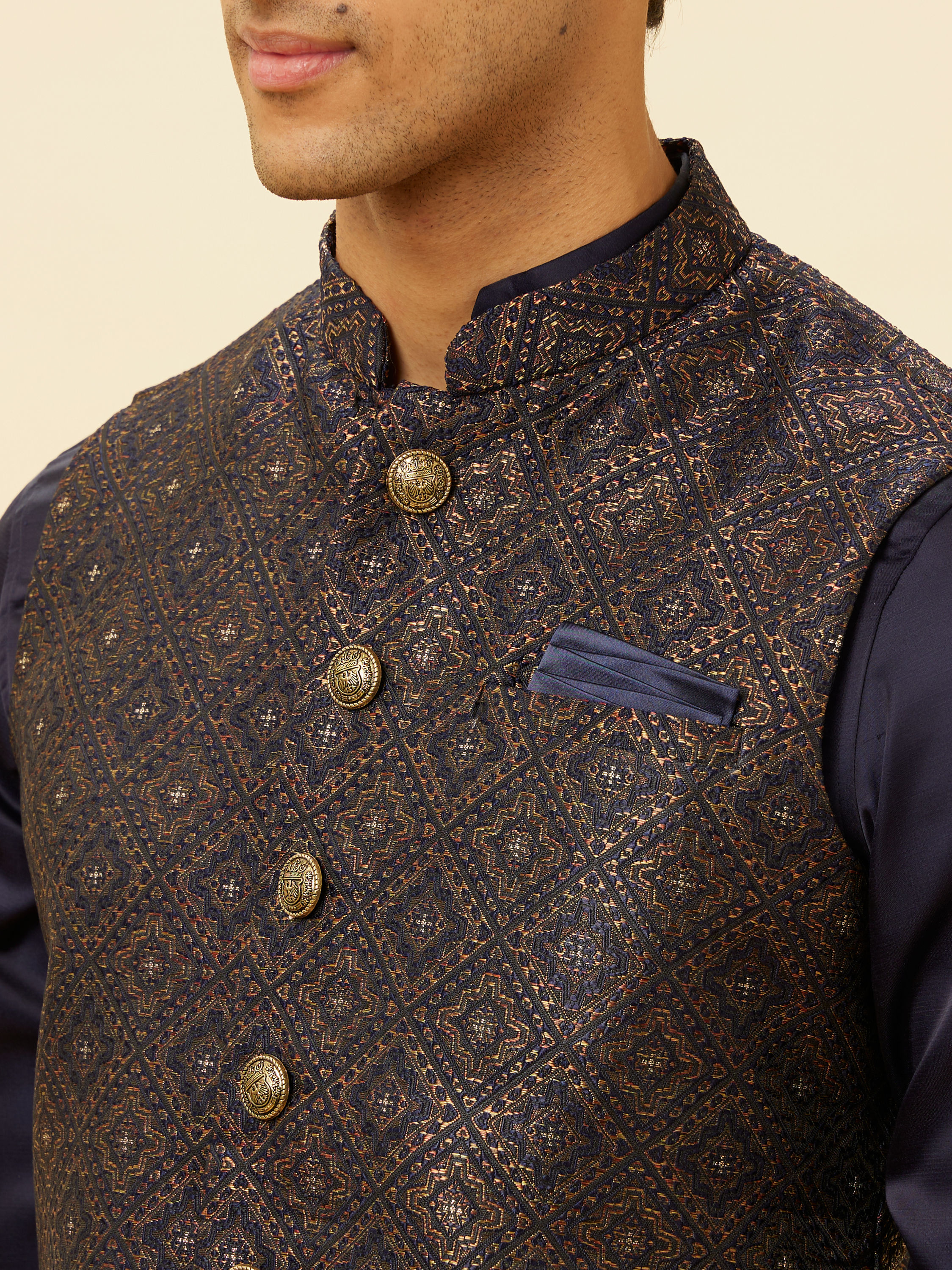 Manyavar Men Navy Blue Imperial Trellis Patterned Jacket