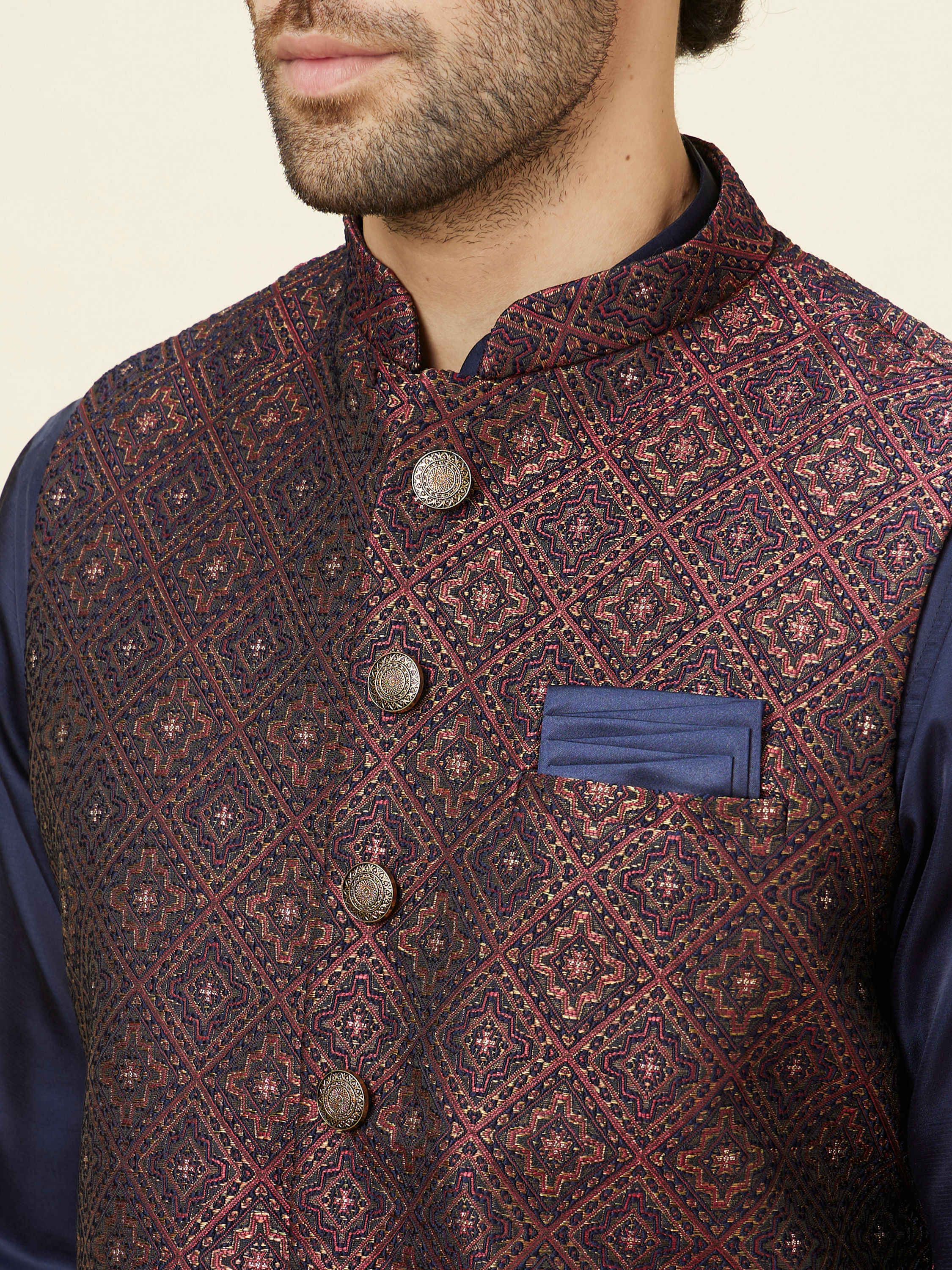 Manyavar Men Brick Red Imperial Patterned Jacket