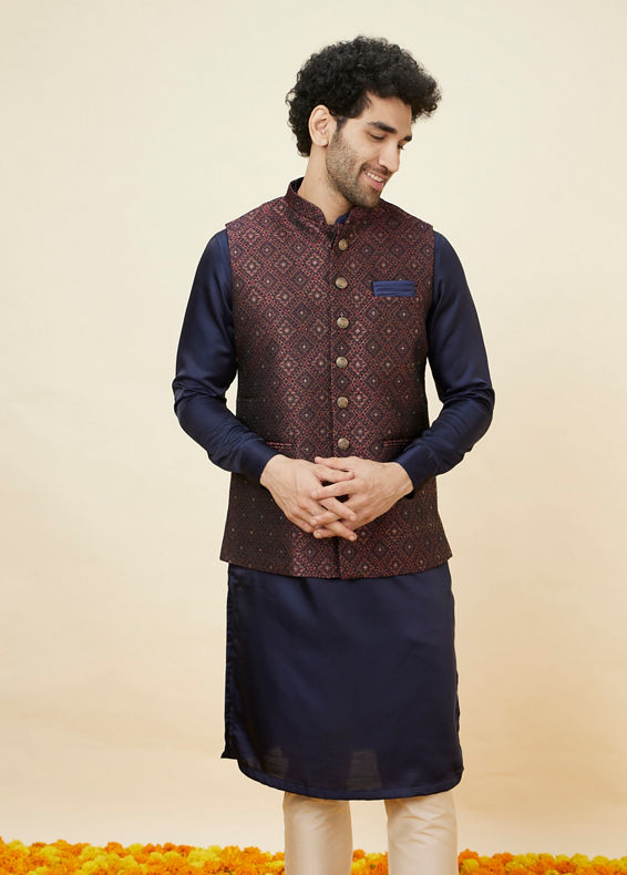 alt message - Manyavar Men Brick Red Imperial Patterned Jacket