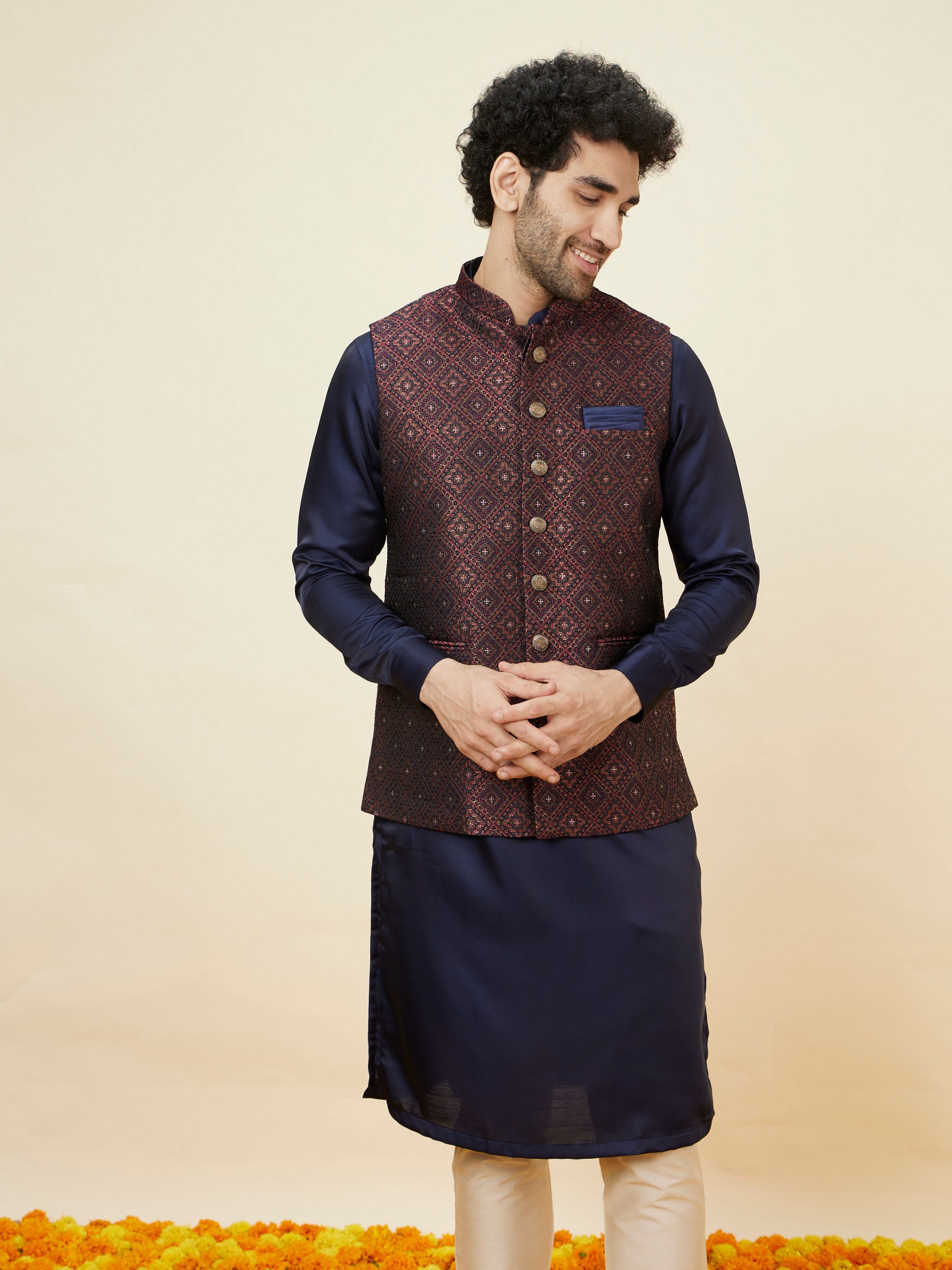 Manyavar Men Brick Red Imperial Patterned Jacket