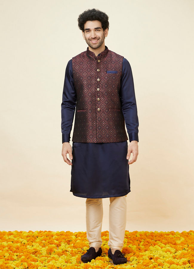 alt message - Manyavar Men Brick Red Imperial Patterned Jacket image number 2