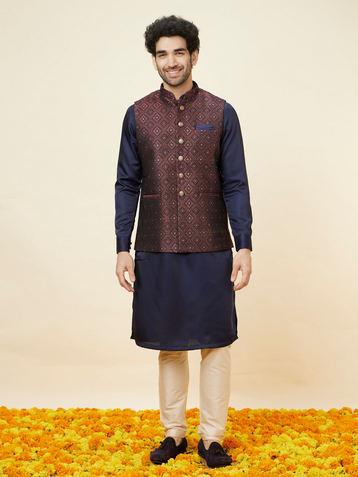 alt message - Manyavar Men Brick Red Imperial Patterned Jacket image number 2