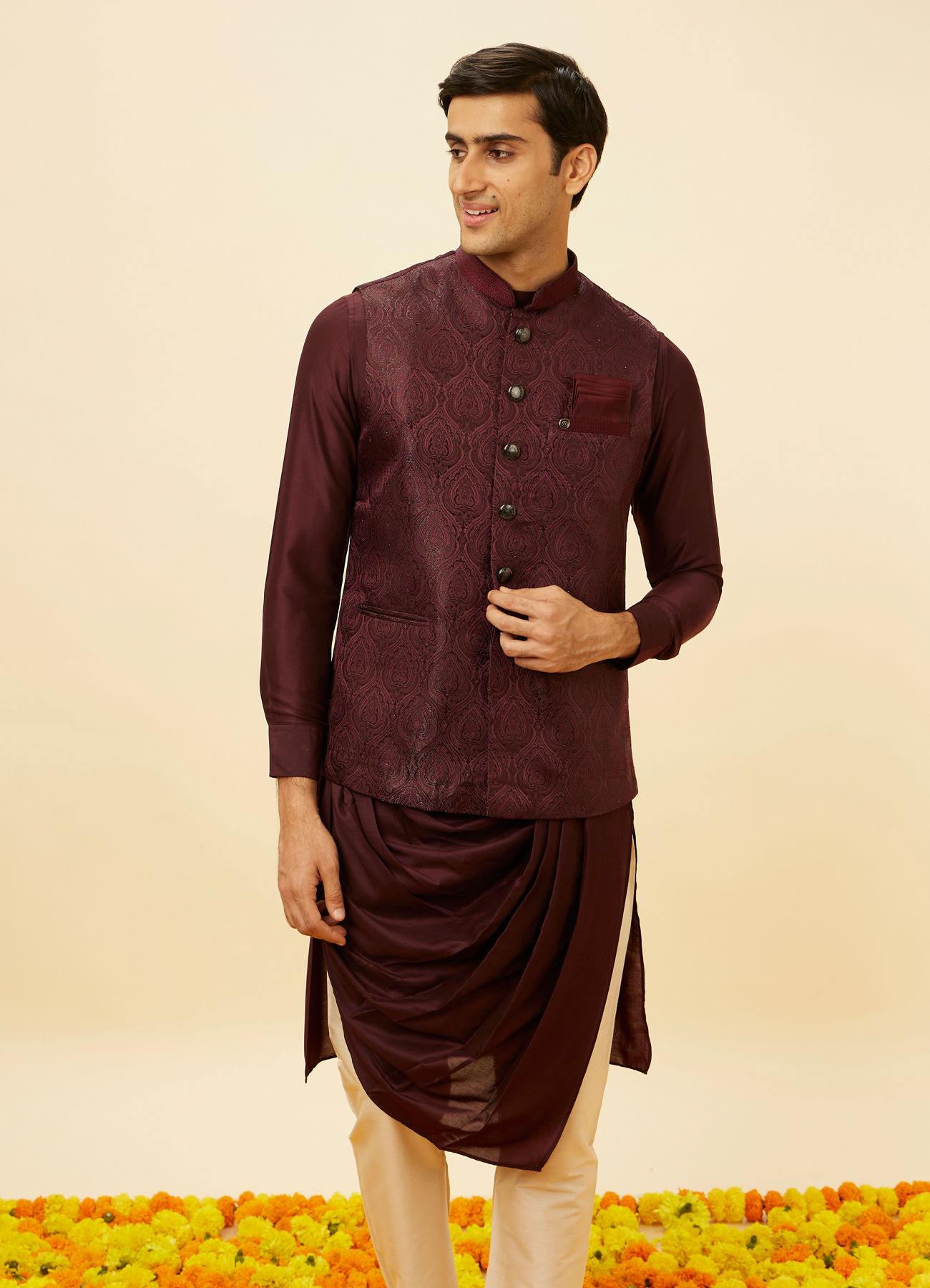 Manyavar Men Windsor WIne Shankh Patterned Stone Work Jacket