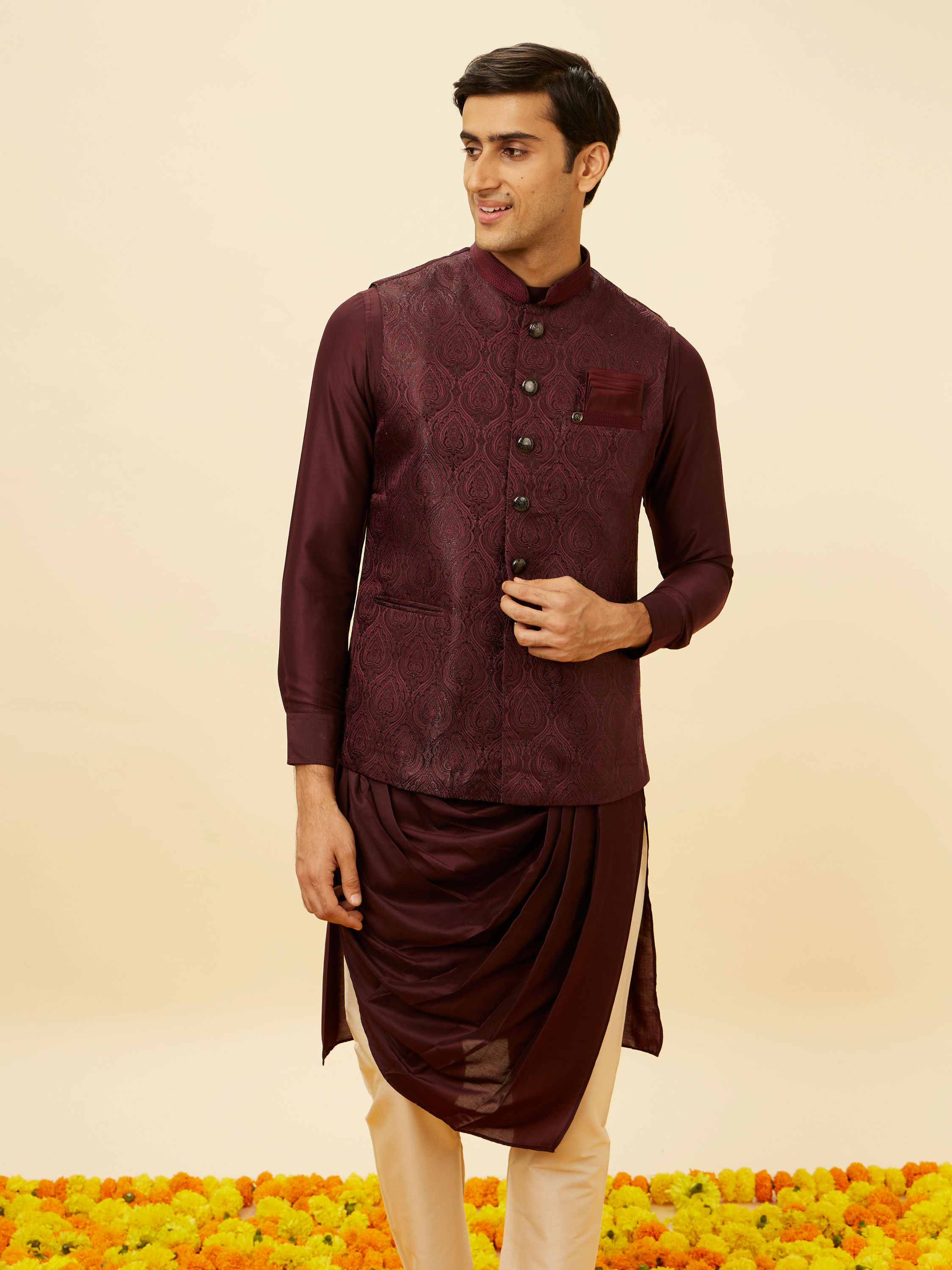 Manyavar Men Windsor WIne Shankh Patterned Stone Work Jacket