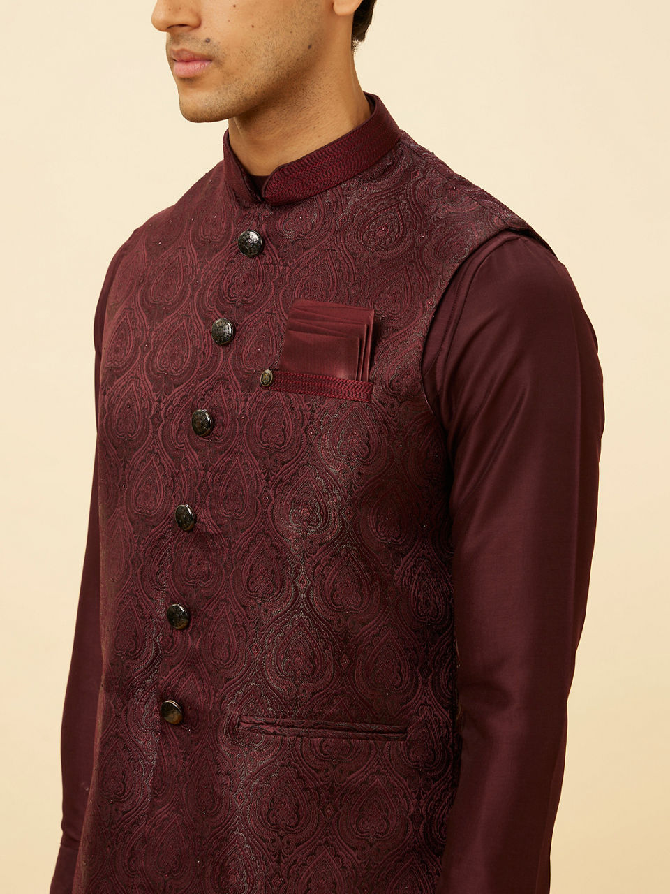 Manyavar Men Windsor WIne Shankh Patterned Stone Work Jacket