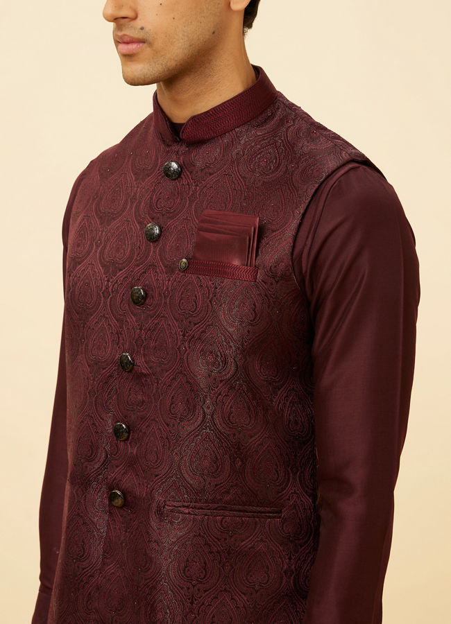 alt message - Manyavar Men Windsor WIne Shankh Patterned Stone Work Jacket image number 1