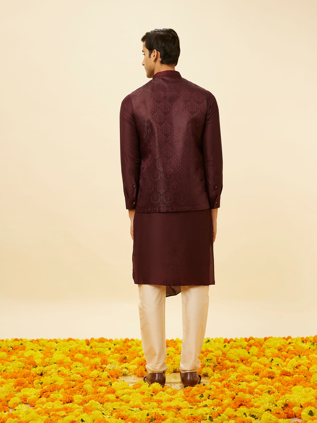 Manyavar Men Windsor WIne Shankh Patterned Stone Work Jacket