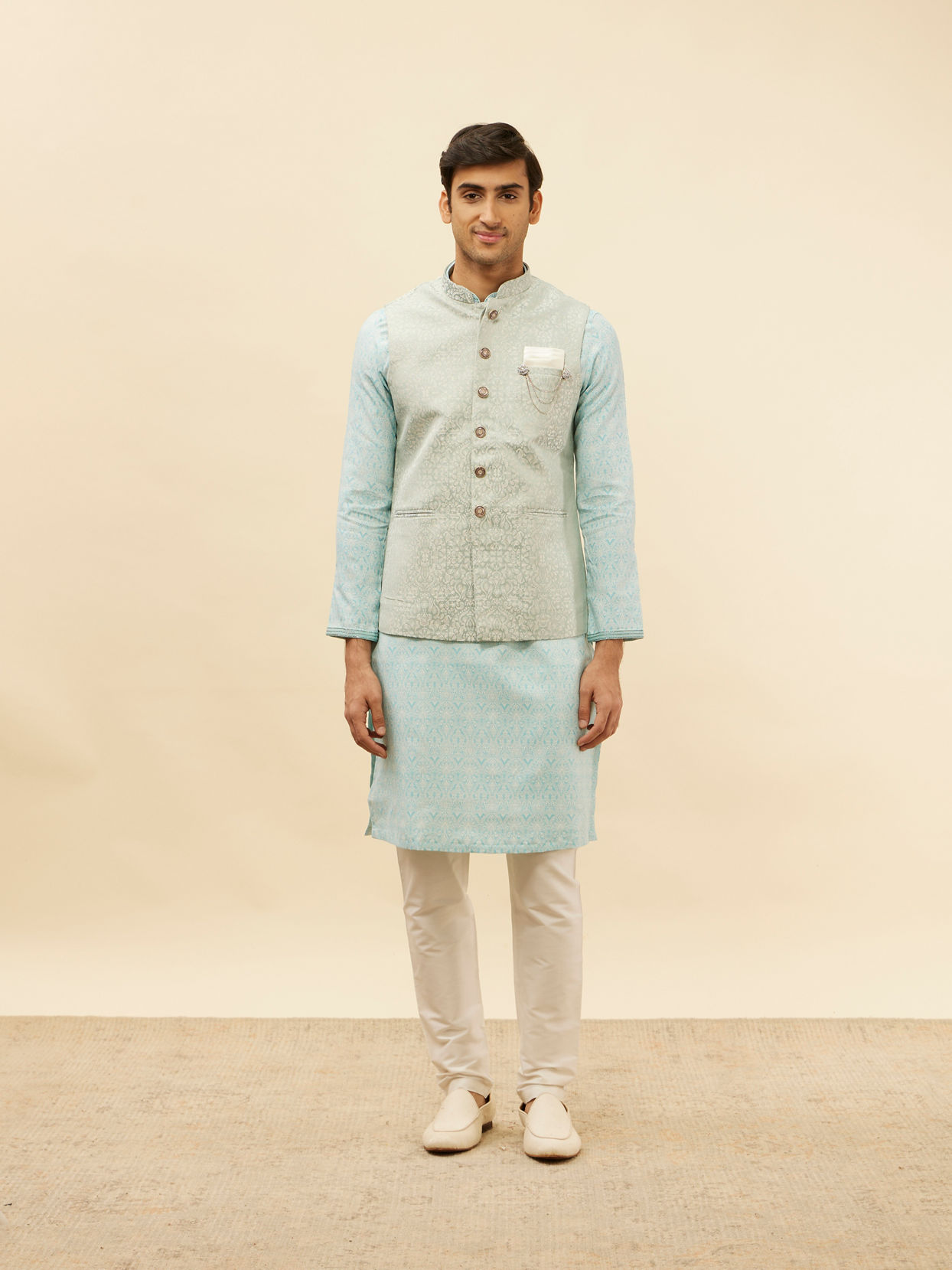 alt message - Manyavar Men Powder Blue Victorian Patterned Jacket image number 2