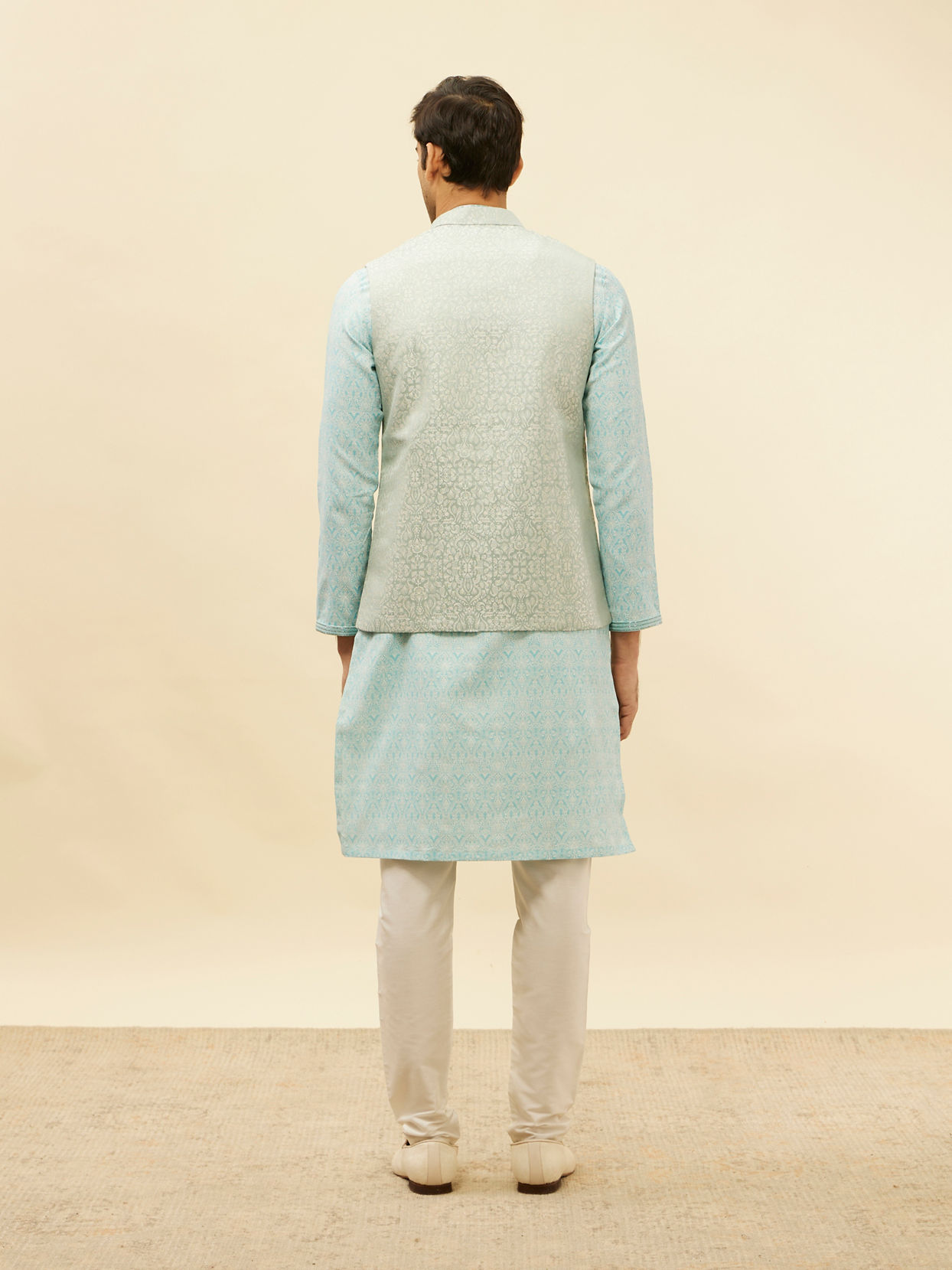 alt message - Manyavar Men Powder Blue Victorian Patterned Jacket image number 3