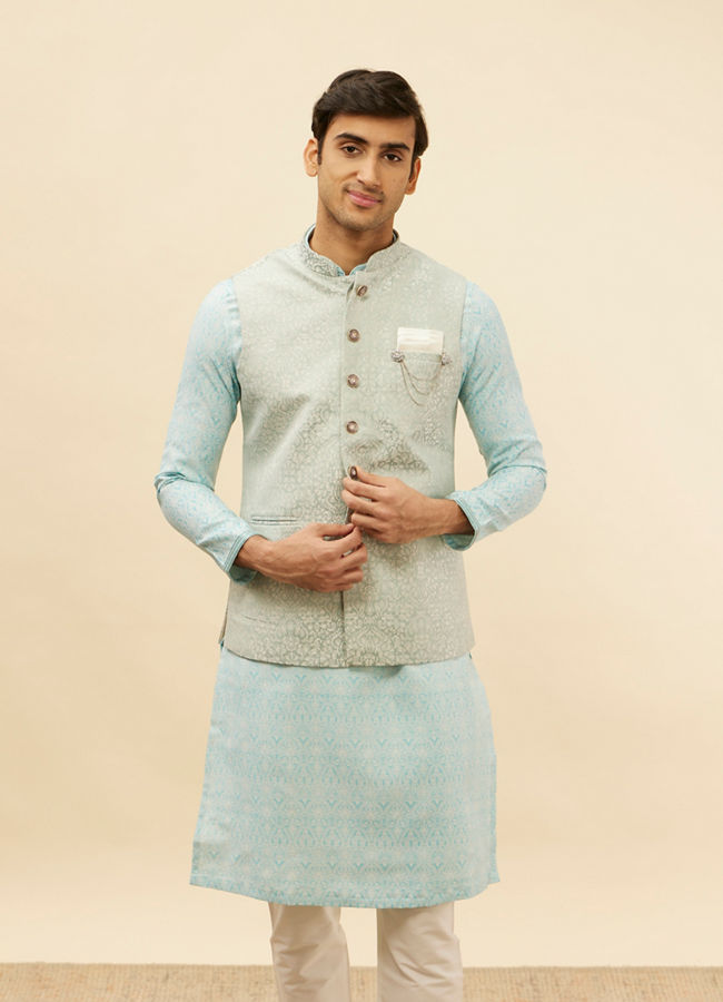 alt message - Manyavar Men Powder Blue Victorian Patterned Jacket image number 0