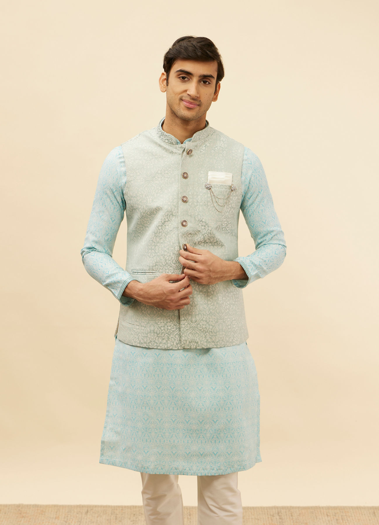 Manyavar Men Powder Blue Victorian Patterned Jacket