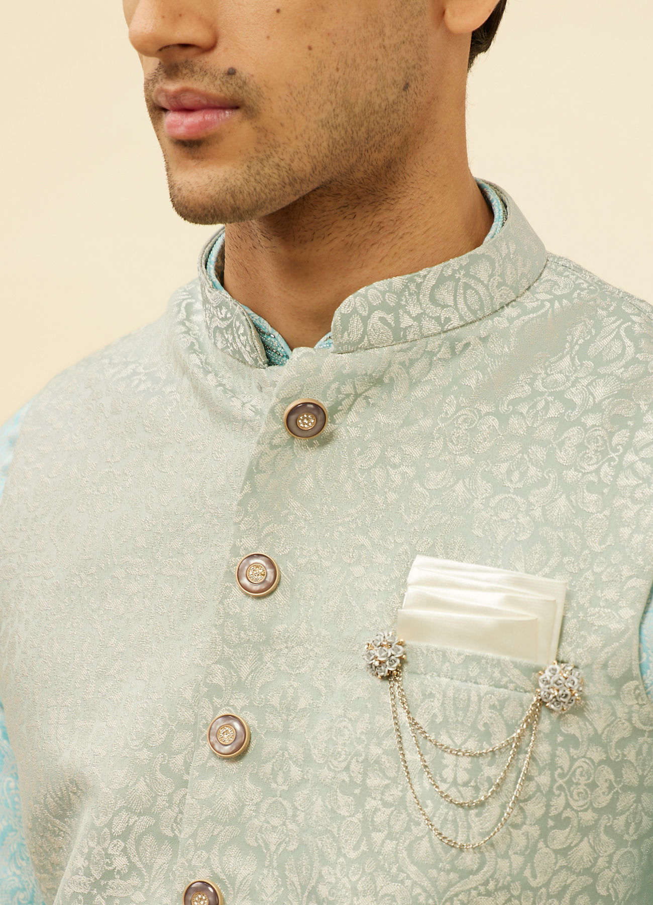 Manyavar Men Powder Blue Victorian Patterned Jacket