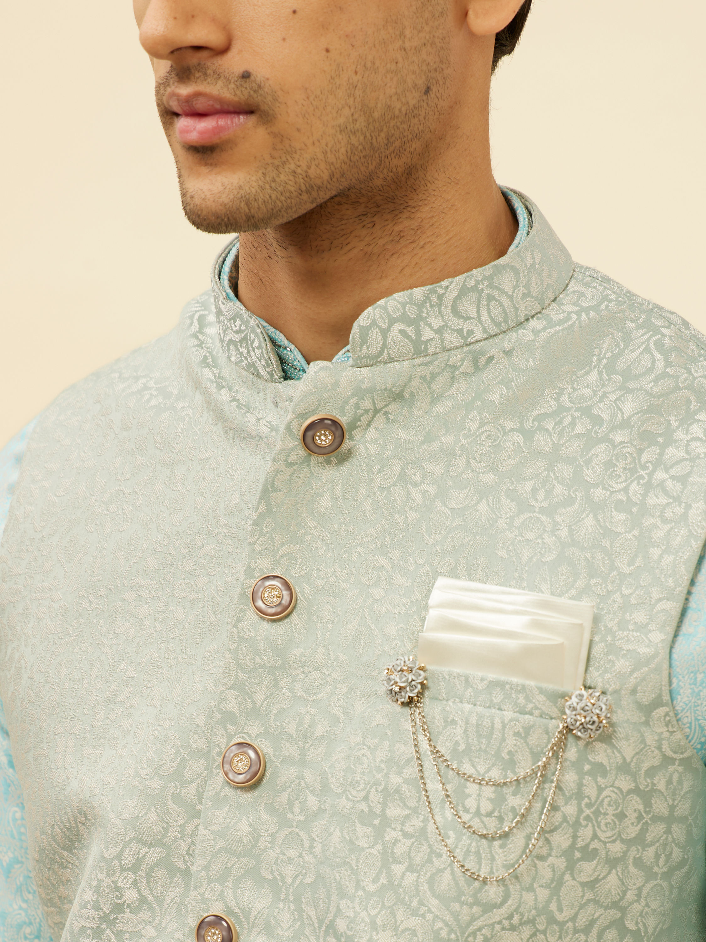 Manyavar Men Powder Blue Victorian Patterned Jacket