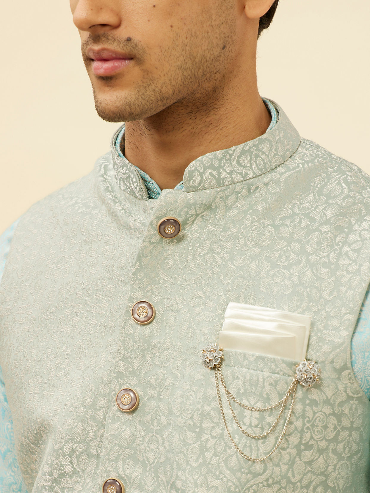 alt message - Manyavar Men Powder Blue Victorian Patterned Jacket image number 1