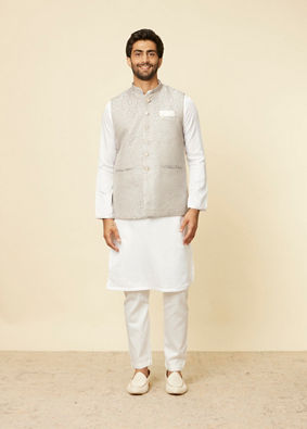 Manyavar Men Light Grey Medallion Patterned Nehru Jacket image number 2