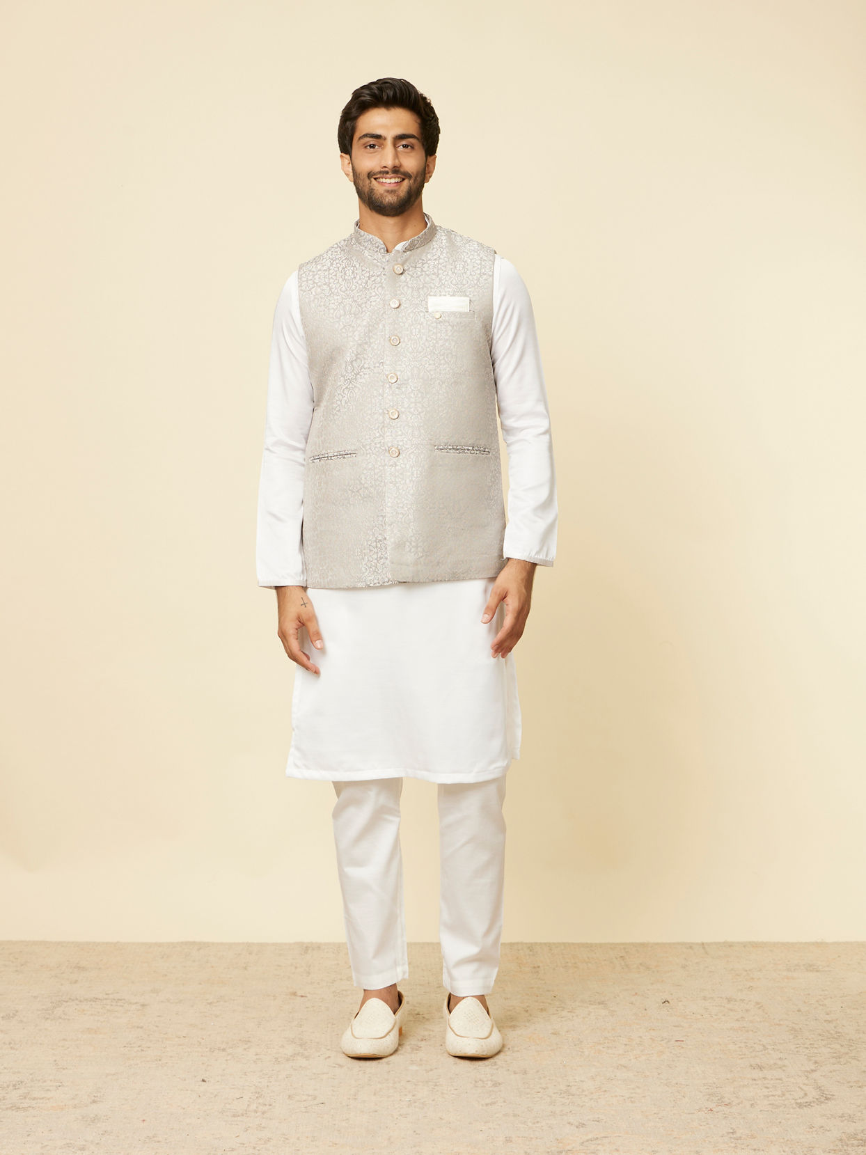 alt message - Manyavar Men Light Grey Medallion Patterned Nehru Jacket image number 2